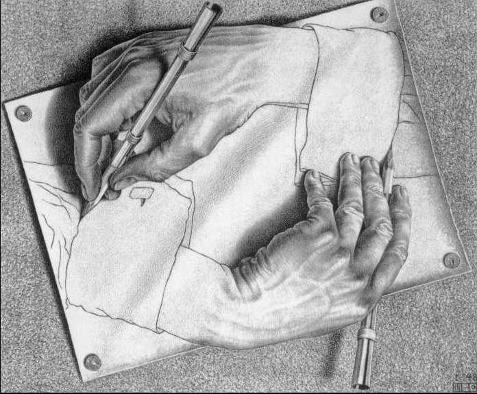 Illusion d'optique artistique d'un dessin avec 2 mains
